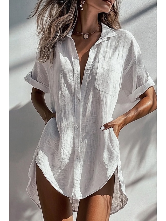  Per donna Camicia Camicie ispirate al lino Abbottonare Blusa Semplice Essenziale Moderno Manica Corta Colletto a Camicia Top lunghi Ferie Uscire Bottoni Tasca Asimmetrico Nero Bianco Albicocca Estate