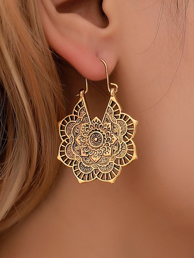  bohemiske mandala-smykker – vintage-gullbelagte hulblomster-øreringer for kvinner, etniske statement-smykker for festivaler, fester og hverdagsbruk
