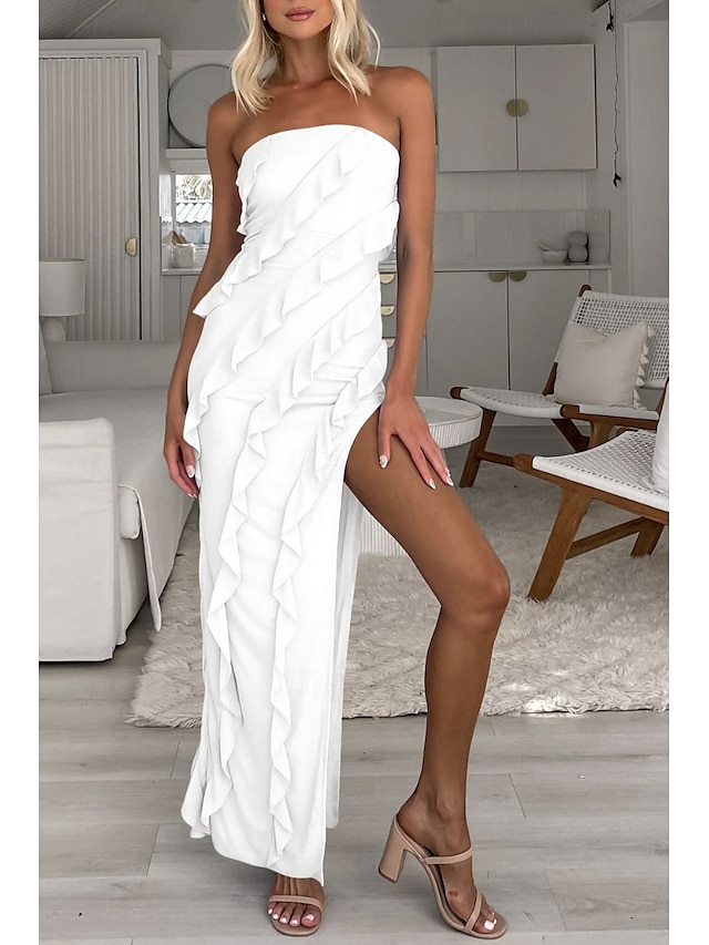  Femmes Robe Longue Maxi Robe Robe Blanche Robe de remise des diplômes Robe de Soirée Élégant Mode Soirée Anniversaire Remise des Diplômes Coupe régulière Uni Sans manches Sans bretelles Blanche Été