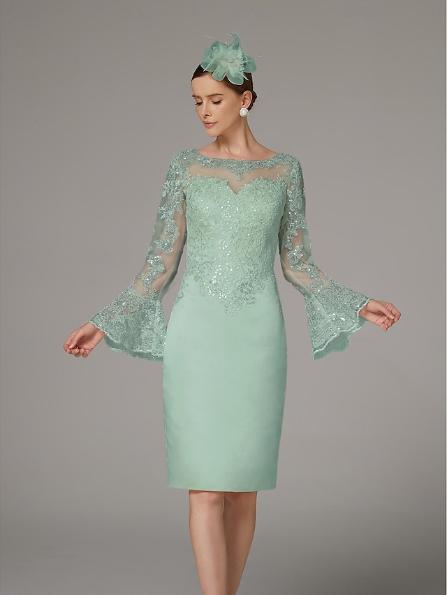  Sheath Kleid Mutter der Braut Kleid Elegantes Vintage Luxuriös Juwelen-Hals Knie-Länge Satin Spitze Langarm Tee-Länge mit Applikationen
