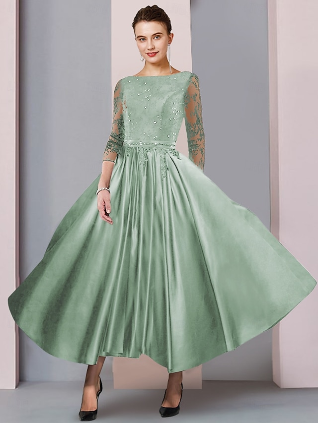  Vestido A-Line para Mãe da Noiva Convidada Formal Festa Elegante Decote Redondo Comprimento Chá Renda de Cetim Manga 3/4 com Cinto  Fita tamanho personalizado gratuito.