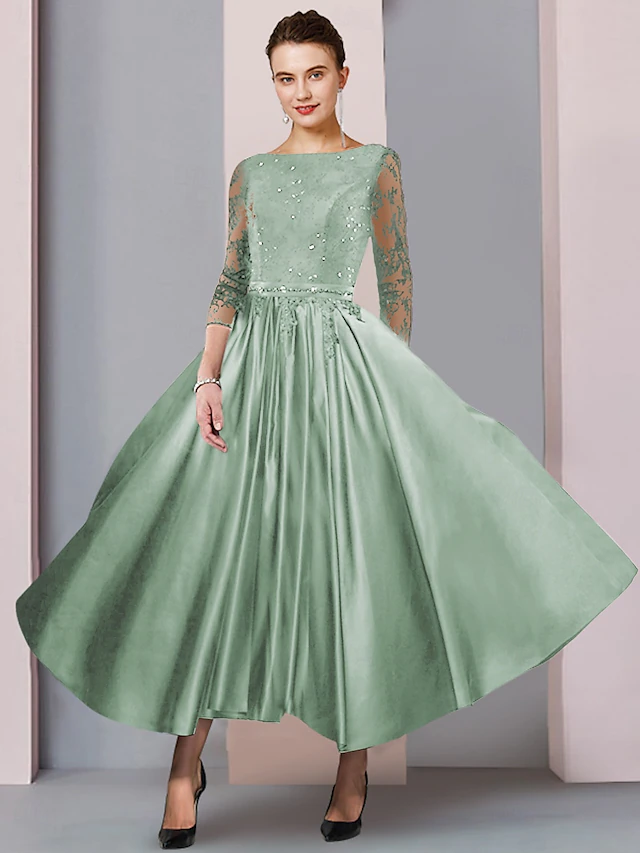 A-Line Mother of the Bride Dress Formal Wedding Guest Elegant Party Scoop Neck Tea Length Satin Lace 3/4 Length Sleeve with Sash / Ribbon Pleats 13