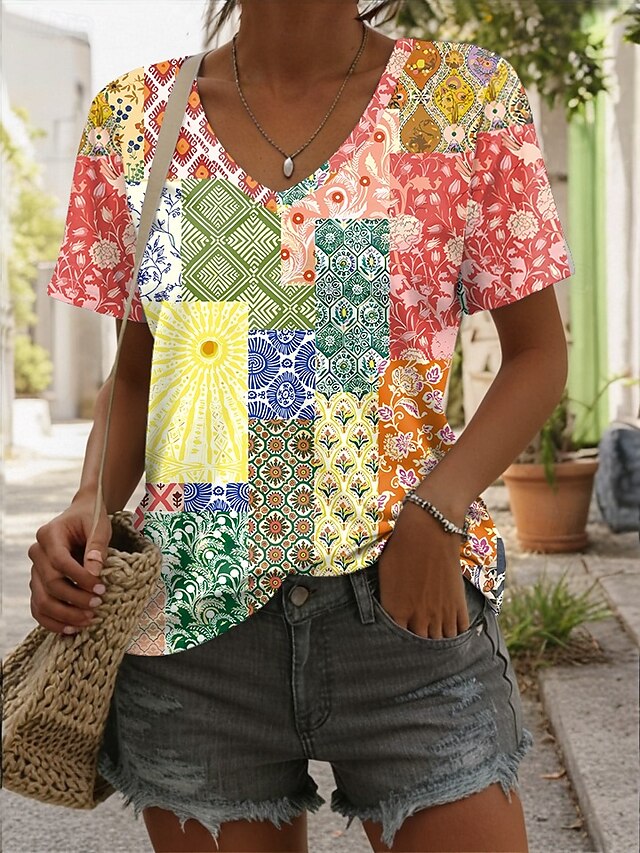  Pentru femei Tricou Ombre Floral Grafic Casual Manșon scurt În V Topuri obișnuite Zilnic Imprimeu Galben Roșu-aprins Albastru piscină Vară Primăvară