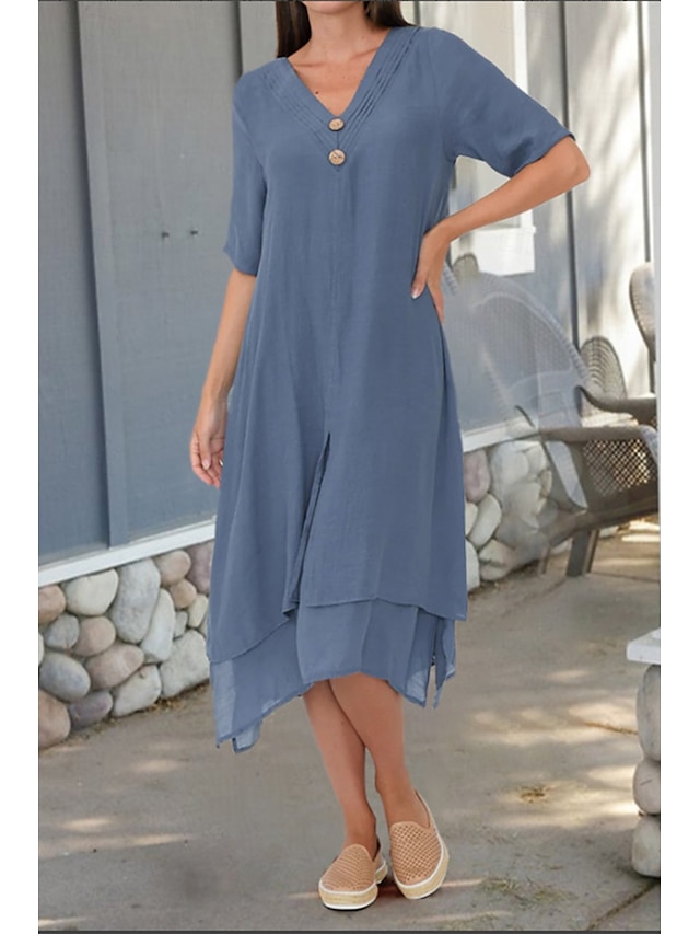  Femmes Robe Midi Robes inspirées du lin Robe en coton et lin Mode Basique Moderne Quotidien Fête Week-end Coupe régulière Uni Manche Courte Col en V Noir Blanche Bleu de minuit Été