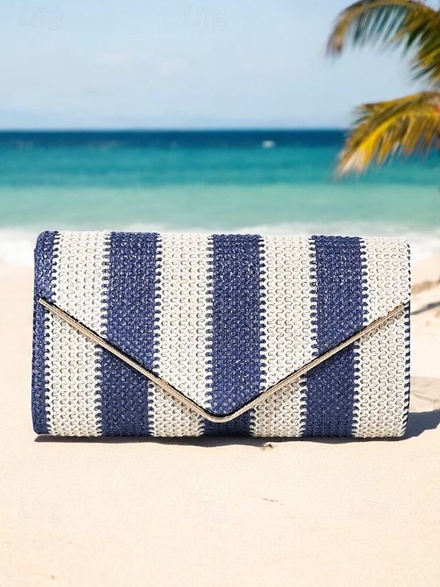  dames gestreepte geweven envelop clutch - met ketting, kan op één schouder of crossbody worden gedragen, modieus en veelzijdig, geschikt voor strandfeestjes en dagelijks gebruik zwart rood kaki