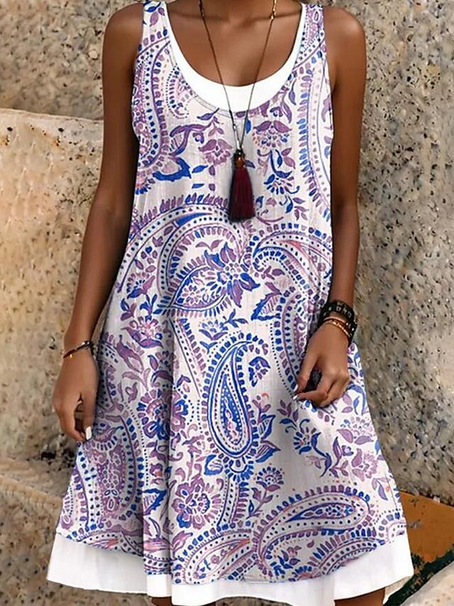  Dam Mini klänning T shirtklänning Solklänning A linjeklänning Semester Ledigt Boho Semester Lös passning Blommig Grafisk Ärmlös U-hals Ljusgrön Ljuslila Orange Sommar Vår