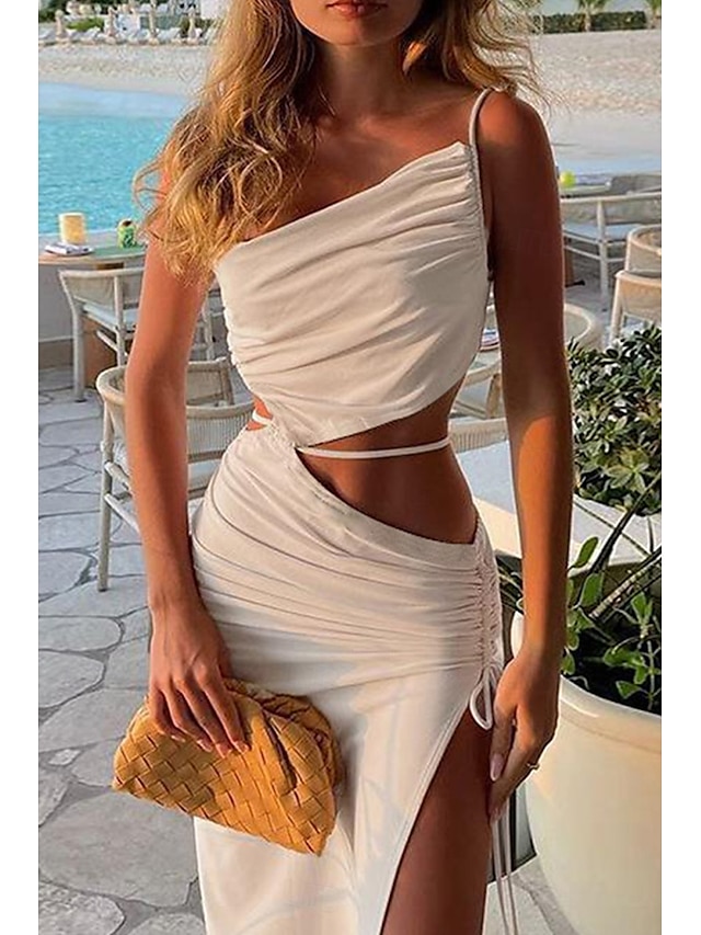  Per donna Abito Midi Abito Bianco Abito da laurea Abito Sottoveste Moda Compleanno Laurea Data Vestibilità regolare Semplice Senza Maniche Spalline sottili Rosa chiaro Nero Bianco Giallo Estate