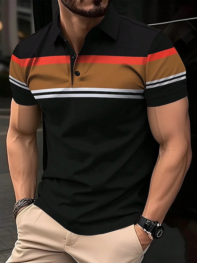  Men's Polo Shirts Golf Shirt Business Casual Ribbed Polo Collar Short Sleeve Fashion Basic Color Block Stripes Buttons Summer Spring &  Fall Regular Fit Black Polo Shirts
