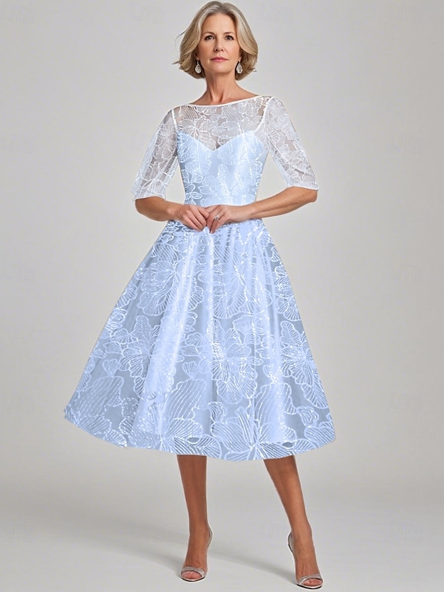  Robe A-Line En Sequins Brodée Bleue Robe de Mère de la Mariée Élégante Vintage Illusion Col Longueur Cheville Dentelle Manches Mi-longues