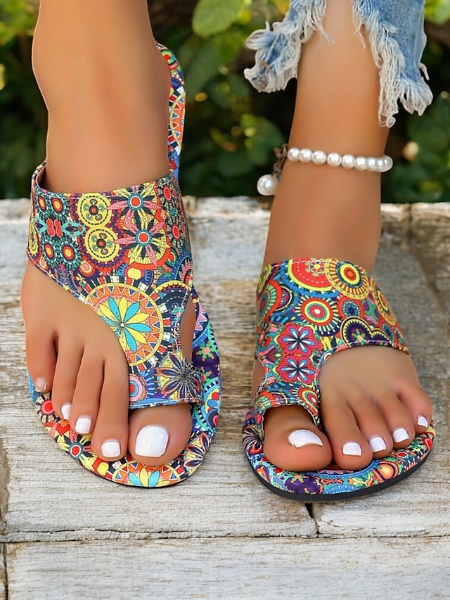  Flache Sandalen für Damen im Boho-Paisley-Print – stylische Riemchensandalen für den Sommer für Freizeitausflüge, Strand und Urlaub