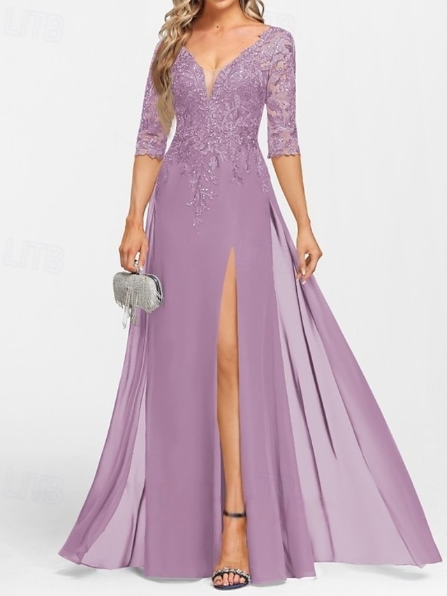  A-Linie Brautmutterkleid Hochzeitsgast Elegant V Ausschnitt Bodenlang Chiffon Halbarm mit Applikationen Geteilter Vorderteil 2025