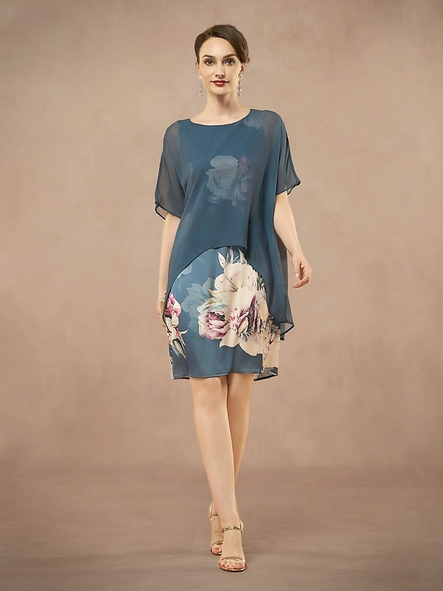  Robe Mère de la Mariée Colonne Sheath Élégante Col Ronde Longueur Thé Mousseline Satin Manches Courtes avec Fleur Couleur Unie Robe de Mariage Invité 2025
