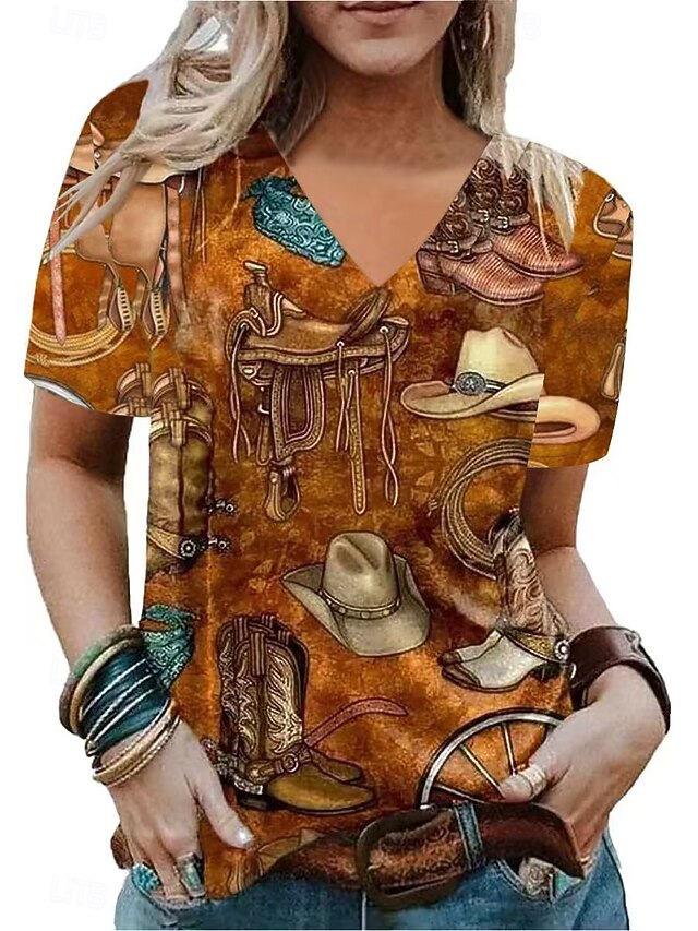 Women's Summer Tops Graphic Tribal Fashion Western Casual Short Sleeve V Neck Regular Tops Daily Going out Weekend Patchwork Print Army Green Brown off-white Summer Spring4