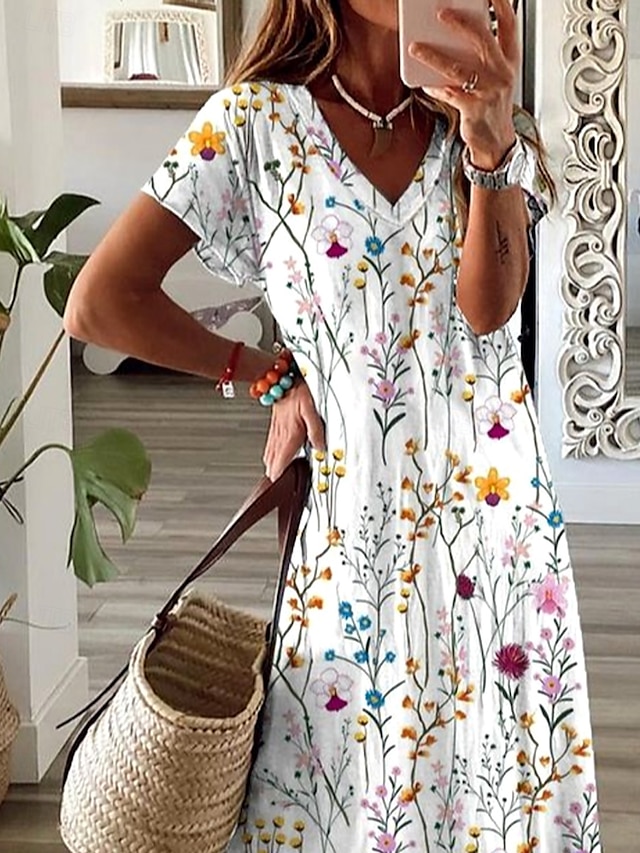  Kvinnenes Maxi Kjole A-Line Kjole Sommer Kjole Elegant Ferie Ferie Daglig Regular Fit Blomster Grafisk Kort Erme V-Hals Hvit Sommer Vår Høst