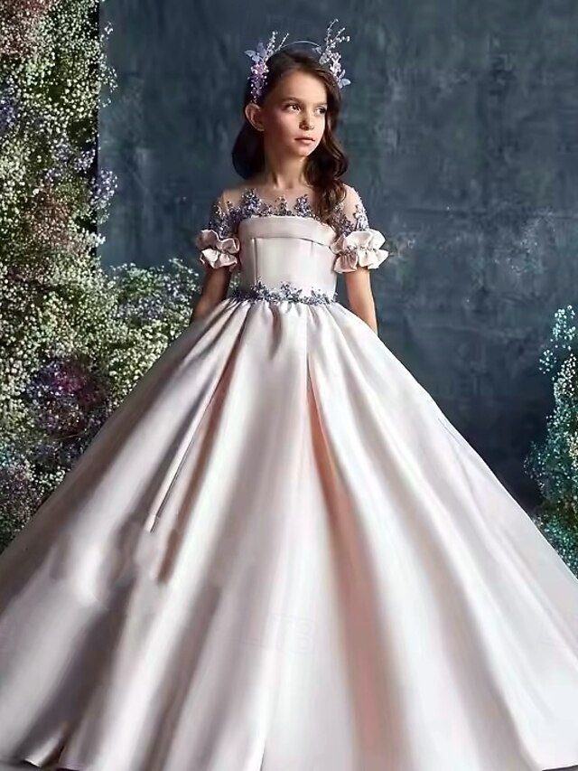 Cap Sleeve Sweetheart Ball Gown Knee Length Flower Girl Dress With Pearls and Tulle