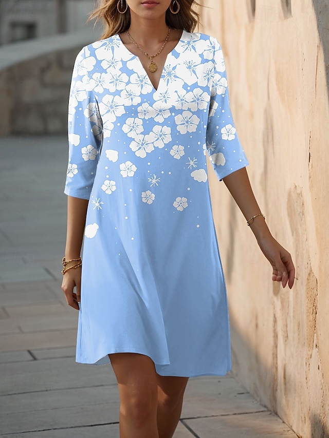  Damen Mini Kleid Shift Kleid formell Urlaub Täglich Reguläre Passform Floral Grafik 3/4 Länge Ärmeln V-Ausschnitt Rosa Blau Lila Sommer Frühling