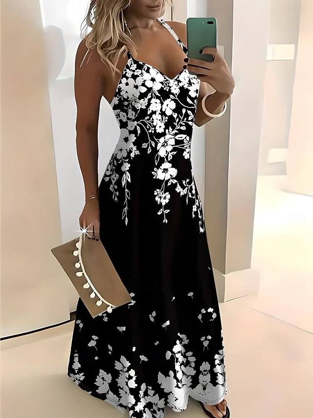 Women's Midi Dress Sundress A Line Dress Slip Dress Vacation Casual Vacation Daily Beach Regular Fit Floral Graphic Sleeveless V Neck Black Summer Spring3