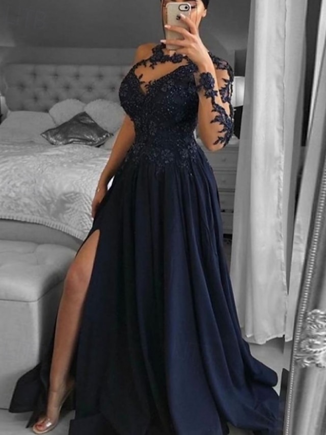  Abito da sera A-Line abito vintage gala black tie chiesa strascico  spazzola lunghe maniche spalla unica crepe elasticizzato schiena a scala con glitter paillettes spacco