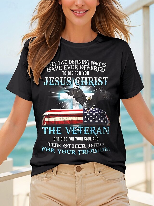 Women's Patriotic  T Shirt Cotton Shirt Graphic Animal Flag Casual Short Sleeve Round Neck Regular Tops Daily Print Black Summer4