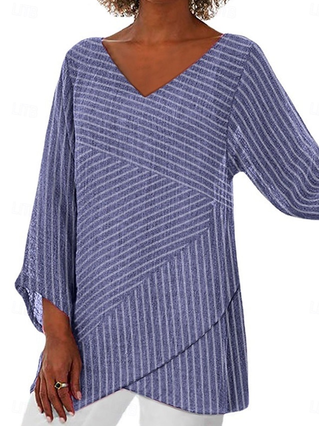  Dame Bluse Lang Erm Asymmetrisk Hem Grafisk Stripet Stilig Strand 3/4 Lengde Erm V Hals Vanlige Topper Daglig Print Rosa Blå Grå Vår Høst