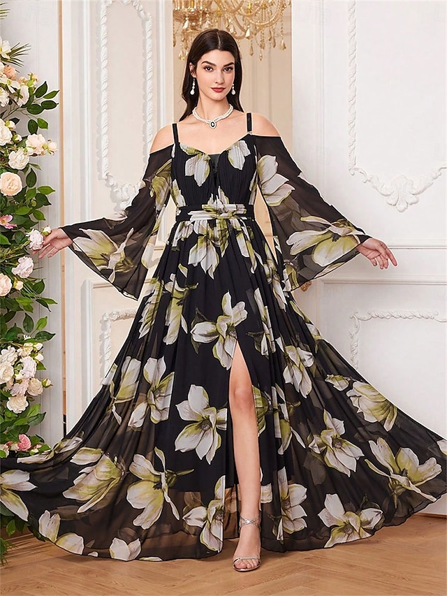  Kleid Mutter der Braut Kleid Elegant Lässig V-Ausschnitt Bodenlange Chiffon Langarm mit Band  Bänder Falten Hochzeitsgast Kleid