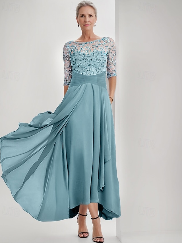  Blue Green Embroidered A-Line Dress Mother of the Bride Dress Elegant Jewel Neck Floor Length Chiffon Half Sleeve Wrap Included with Lace Ruffles Tier
