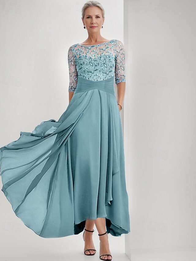 Embroidered A-Line Dress Mother of the Bride Dress Elegant Jewel Neck Floor Length Chiffon Half Sleeve Wrap Included with Lace Ruffles Tier4