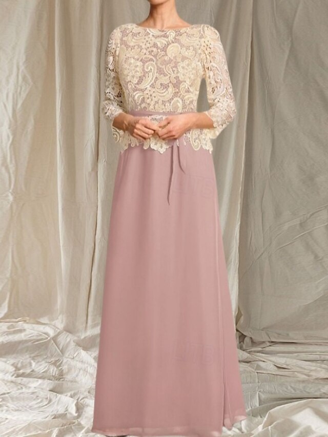 A-Line Bridesmaid Dress Jewel Neck Sleeveless Elegant Floor Length Chiffon / Lace with Sash / Ribbon / Pleats main image 1