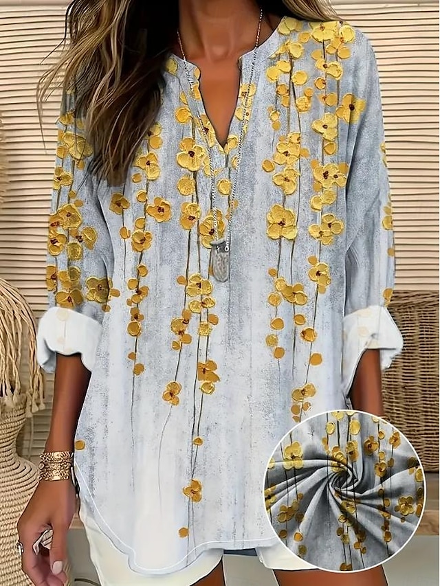  Damen Hemd Langarm Tunika Oberteile Ombre Blumen Grafisch Vintage tropisch Hawaiianischer V-Ausschnitt reguläre Oberteile täglicher Urlaubs Strandbekleidung Druck Grau Sommer Frühling