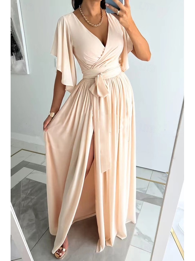  Damen kleid lang Formelle Kleidung Modisch Trompetenärmel Party Verabredung Regular Fit Glatt Kurzarm V Ausschnitt Schwarz Rote Blau Khaki Sommer