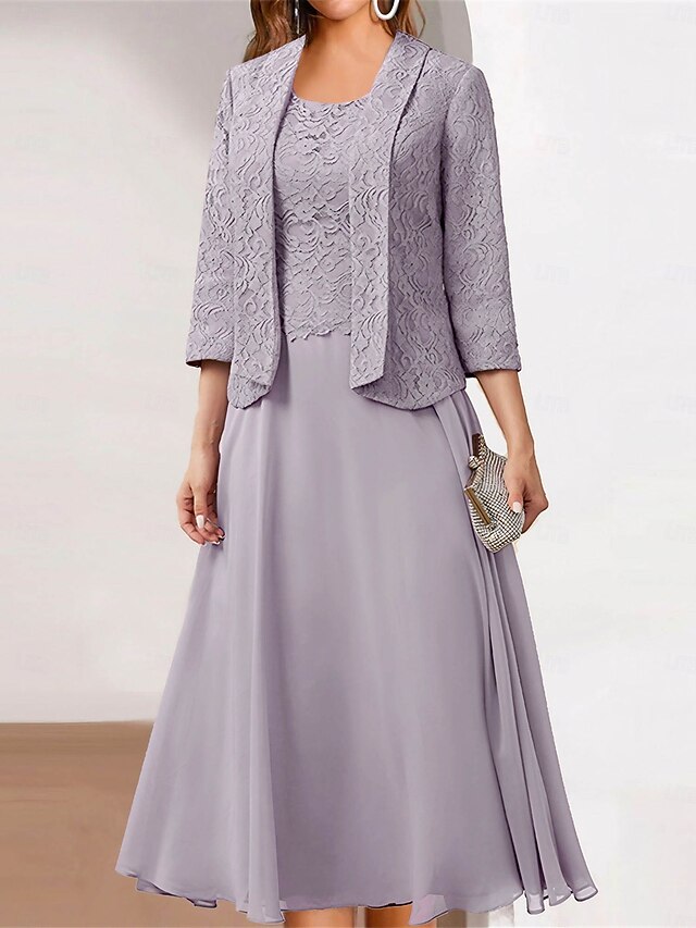 Women's Wedding Guest Cocktail Dress Chiffon Fashion Lace Patchwork Elegant Two Piece Dress Set  Fall Winter Midi Dress Crew Neck 3/4 Length Sleeve Plain Loose Fit Pink4