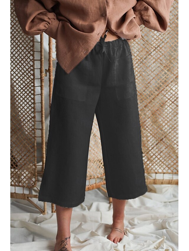  Femmes Pantalon en coton et lin Slacks Pantacourt Occasionnel Confort Longueur cheville Naturel Uni Avec Poches Conception à cordon élastique Confortable Extérieur Rue Sortir Noir Blanche Kaki Été