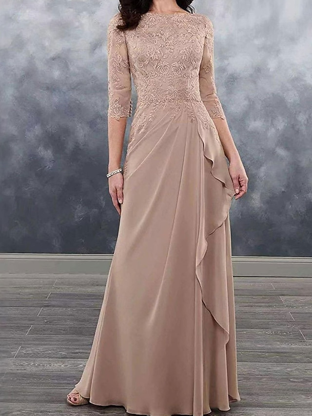  Kleid Brautmutterkleid Hochzeitsgast Elegant Einfach Rundhalsausschnitt Bodenlang Polyester Dreiviertelarm mit Spitze Einfarbig 2025