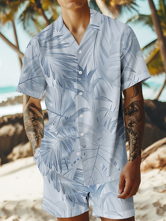  Herre Trær / blader 2stk Skjorter sett Hawaii skjorte Kortermet Korte bukser cubansk krage Ferie Avslappet Strandferie 3D-utskrift Sommer Grå Hvit Lysegrønn