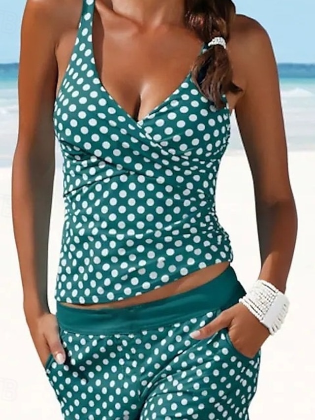  Femmes Grande taille Maillots de Bain Tankini 2 pièces Coquin Maillot de bain Croix Tricoté ancien Élégant À pois Sans manches Maillots de bain