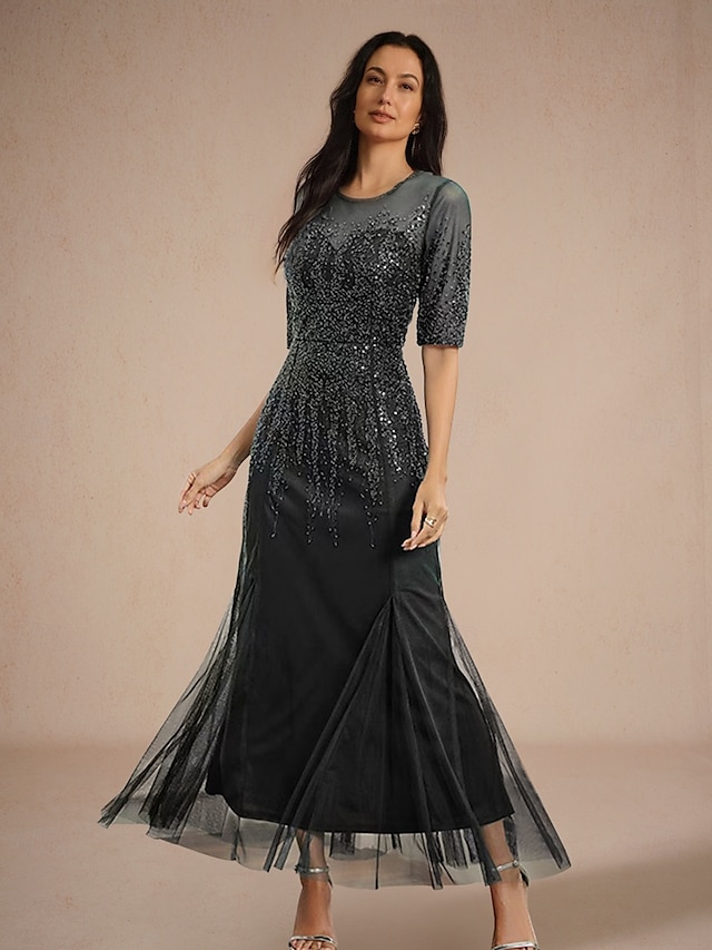  Robes d'Invité de Mariage A-Line Élégante Robe Invité de Mariage Longueur de Sol Manches Mi-Longues Col Montant Dentelle Avec Sequins 2025
