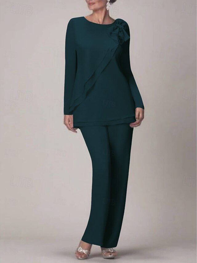 Mother of the Bride 2 Piece V Neck Sleeveless Pantsuit with Bow Belt Floor Length