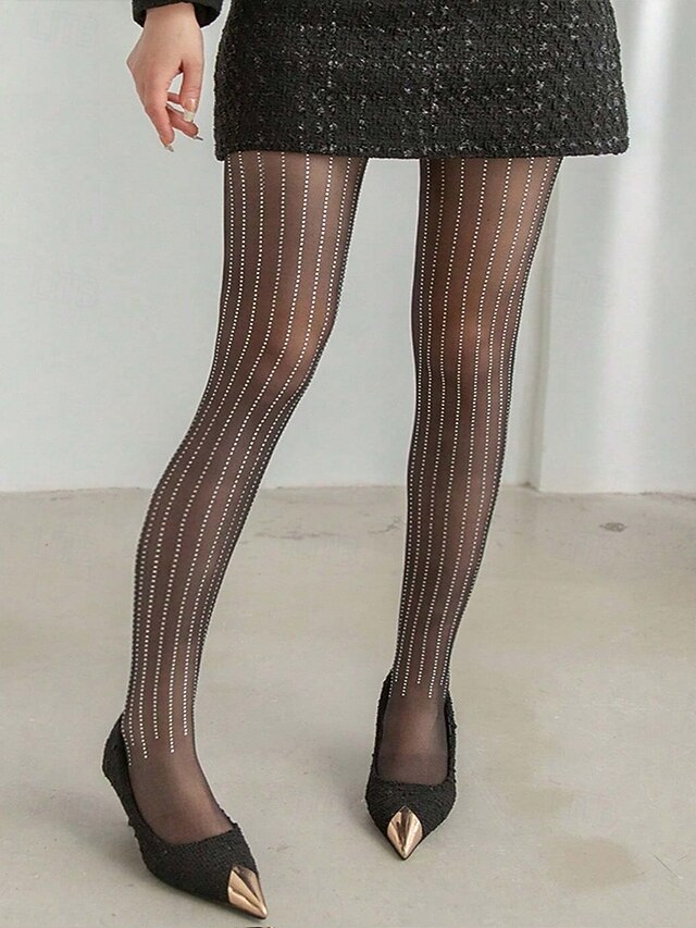 Women's Sheer Striped Rhinestone Tights - Sparkling Crystal Embellished ...