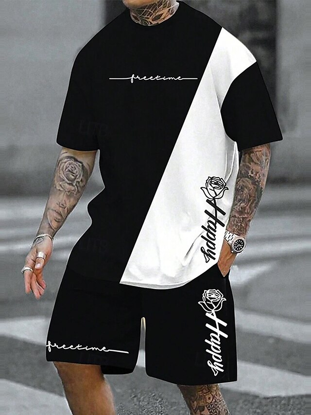  Herr Reste sig 2st T-shirts uppsättningar Summer Tops Kortärmad Korta byxor Rund hals Fritids- Sport & Utomhus Utekväll Ledigt / vardag Crewneck Sommar Svartvit
