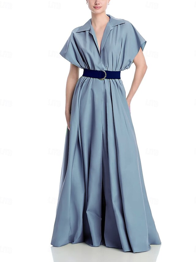  A-Linie Aftenkjole Elegant Kjole Formelt Bryllup Gulvlængde Dolman Ærme Skjorte Krave Blank Fabric med Rynkede Detaljer Elastisk Bælte Side Lomme