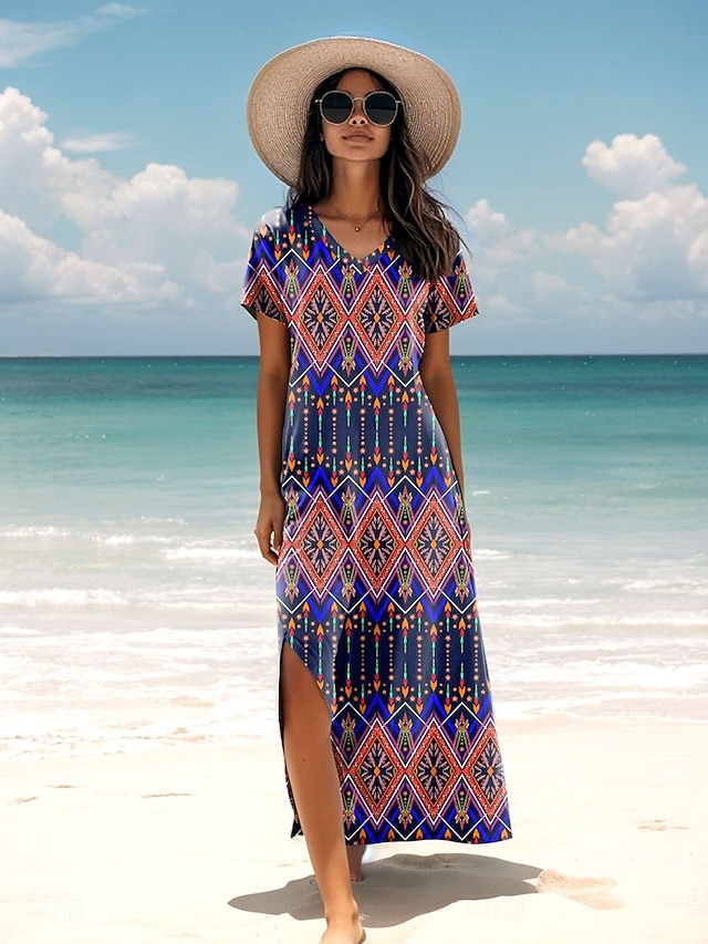  Damklänning maxi sundress A-linjeformad klänning semester casual semester daglig regular fit grafisk geometrisk paisley kort ärm V-hals blå lila grön vår höst
