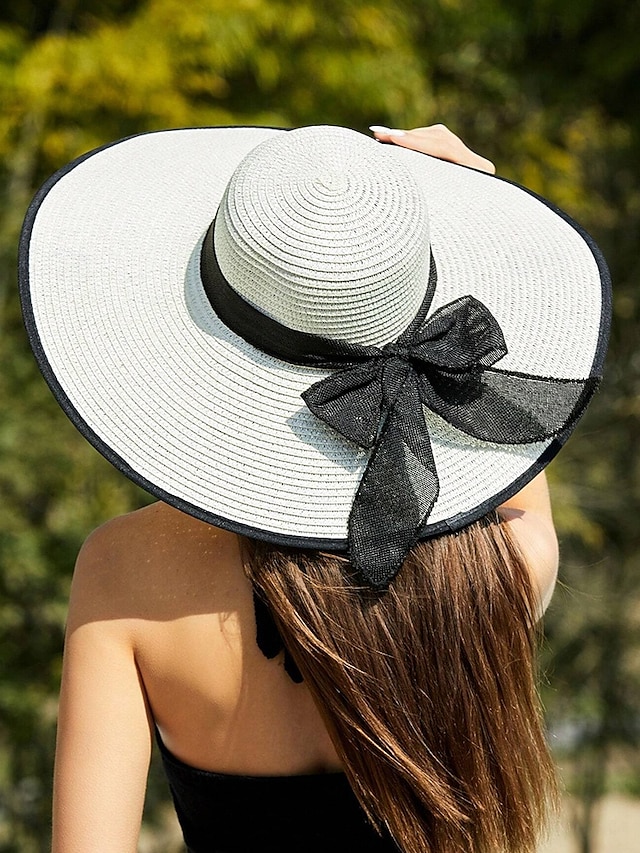  elegant solhatt med bred brätte för kvinnor – sommarhatt i stråhatt med svart rosett, UV-skydd, hopfällbar floppy hatt för semester, trädgårdsfester och utomhusresor
