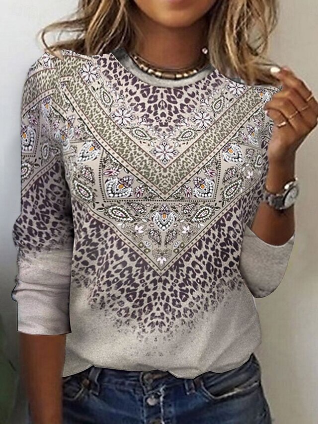 Women's T Shirt Floral Tribal Fashion Modern Long Sleeve Crew Neck Regular Tops Daily Print Orange Brown Gray Summer4