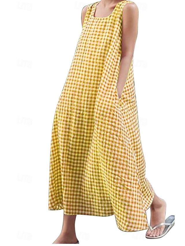  robe midi femme robe décontractée mode classique moderne vacances quotidien sortie coupe classique à carreaux sans manches col carré noir jaune vert clair rose été