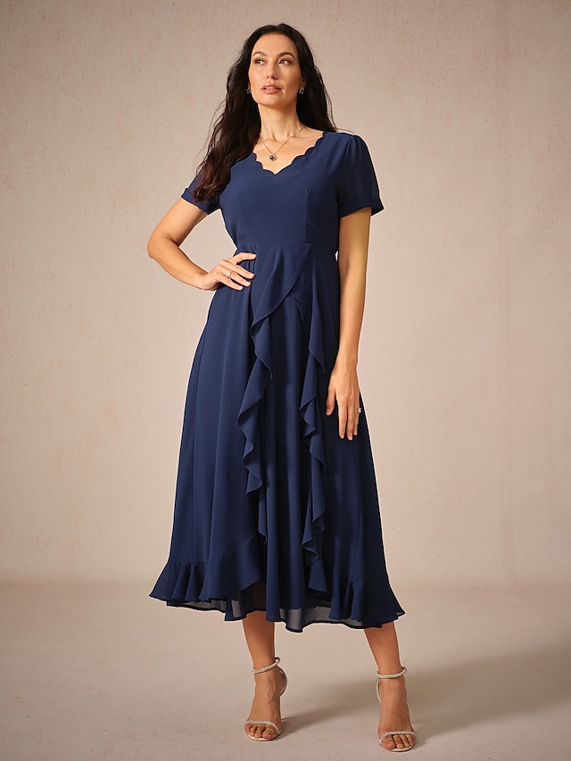  Damen Maxidress A Linie Kleid Elegant Ausgefallene Hochzeit kleid hochzeitsgast Lockere Passform Feste Farbe Kurzarm Asymmetrisch V Ausschnitt Marineblau Sommer Frühling