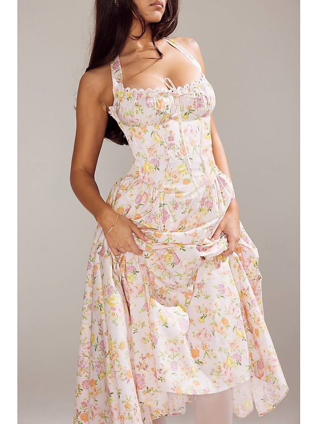  Retro Vintage Medieval Renaissance Midi Dress Flare Dress Ren Faire Halter Regency Inspired Floral Women's Masquerade Wedding Vacation Casual Daily Adults' Dress Summer