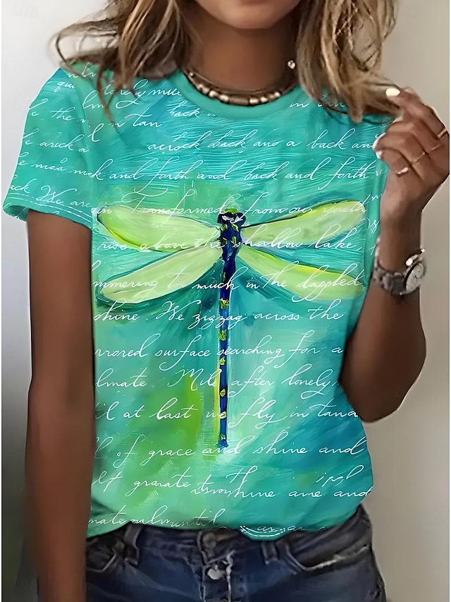  Women's T Shirt Floral Animal Casual Short Sleeve Round Neck Regular Tops Daily Going out Weekend Print Blue Green Summer