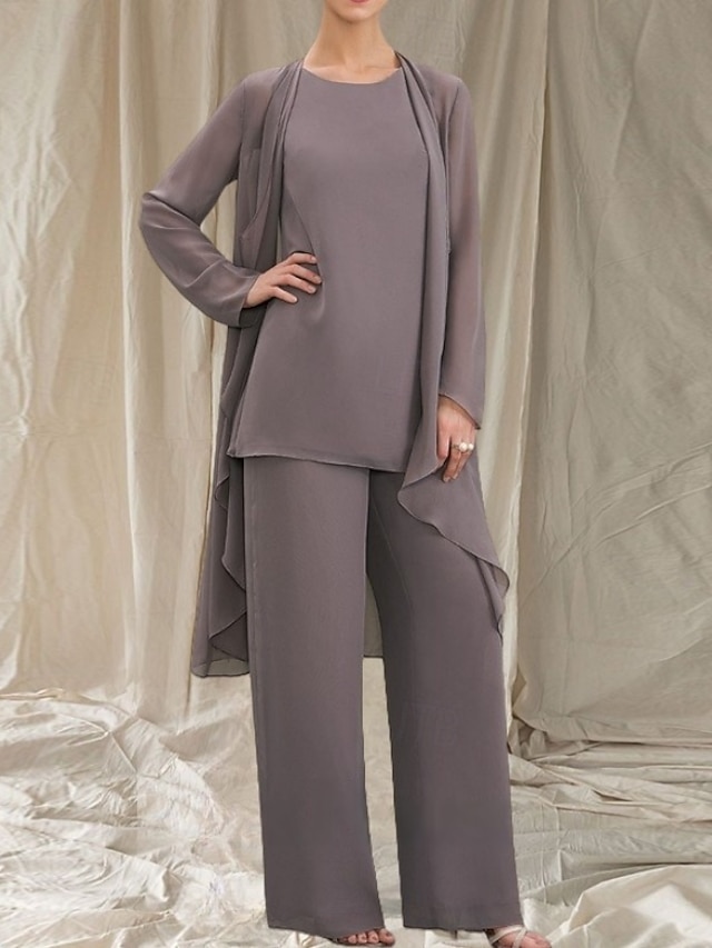  Macacão  Conjunto de Calça 3 Peças Mãe da Noiva Vestido de Convidada de Casamento Elegante Gola Redonda Comprimento Total Chiffon Manga Longa com Babados