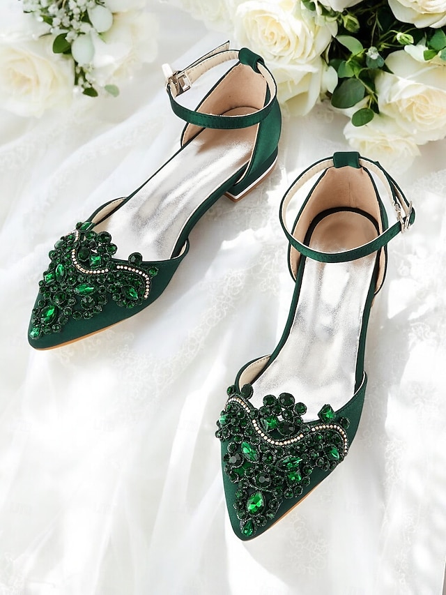  ballerines à bout pointu ornées de pierres précieuses vertes – chaussures de mariage et de soirée pour femmes de style vintage
