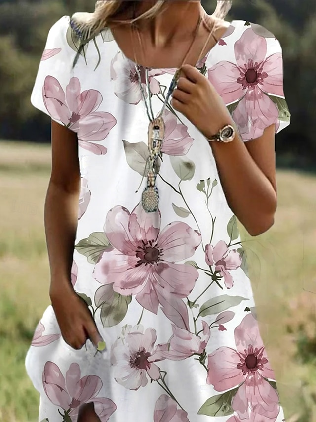  Womens Mini Kleid A Linie Kleid Lässiges Kleid T Shirt Kleid Tee Kleid Strandkleid Stylisch Lässig Urlaub Lässig Täglich Reguläre Passform Floral Grafik Kurze Ärmel Rundhalsausschnitt Hellrosa Sommer